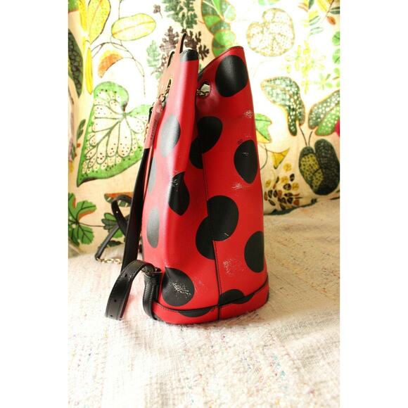 Charlotte Olympia Red Black Polka Dot Kitty Cat Chain Leather Backpack - Picture 3 of 12